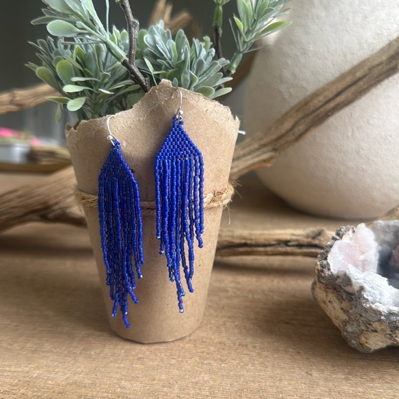 Handmade Jewelry - Cobalt Blue Fringe Statement Earrings